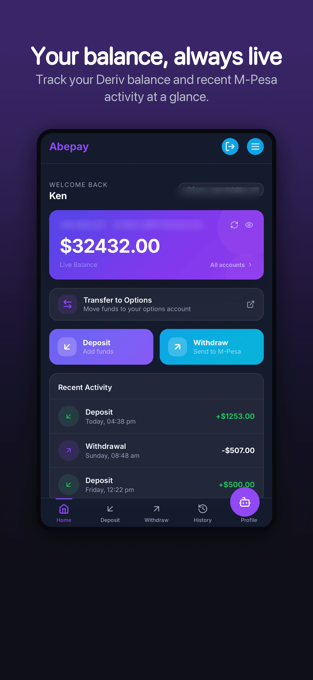 AbePay dashboard showing live balance