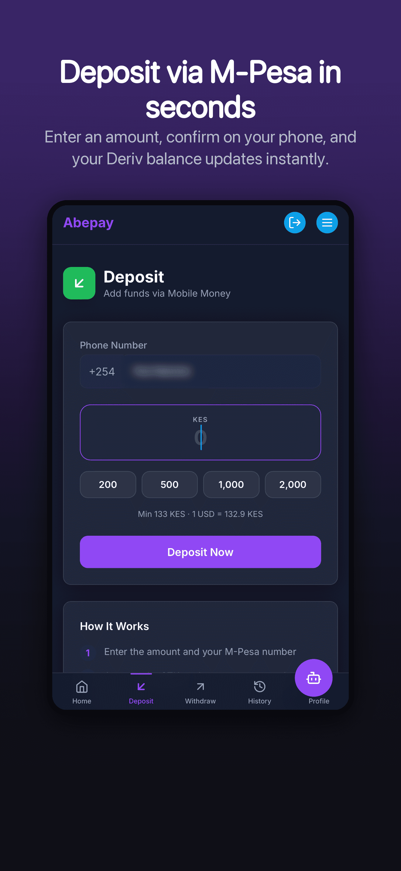 AbePay deposit via M-Pesa screen