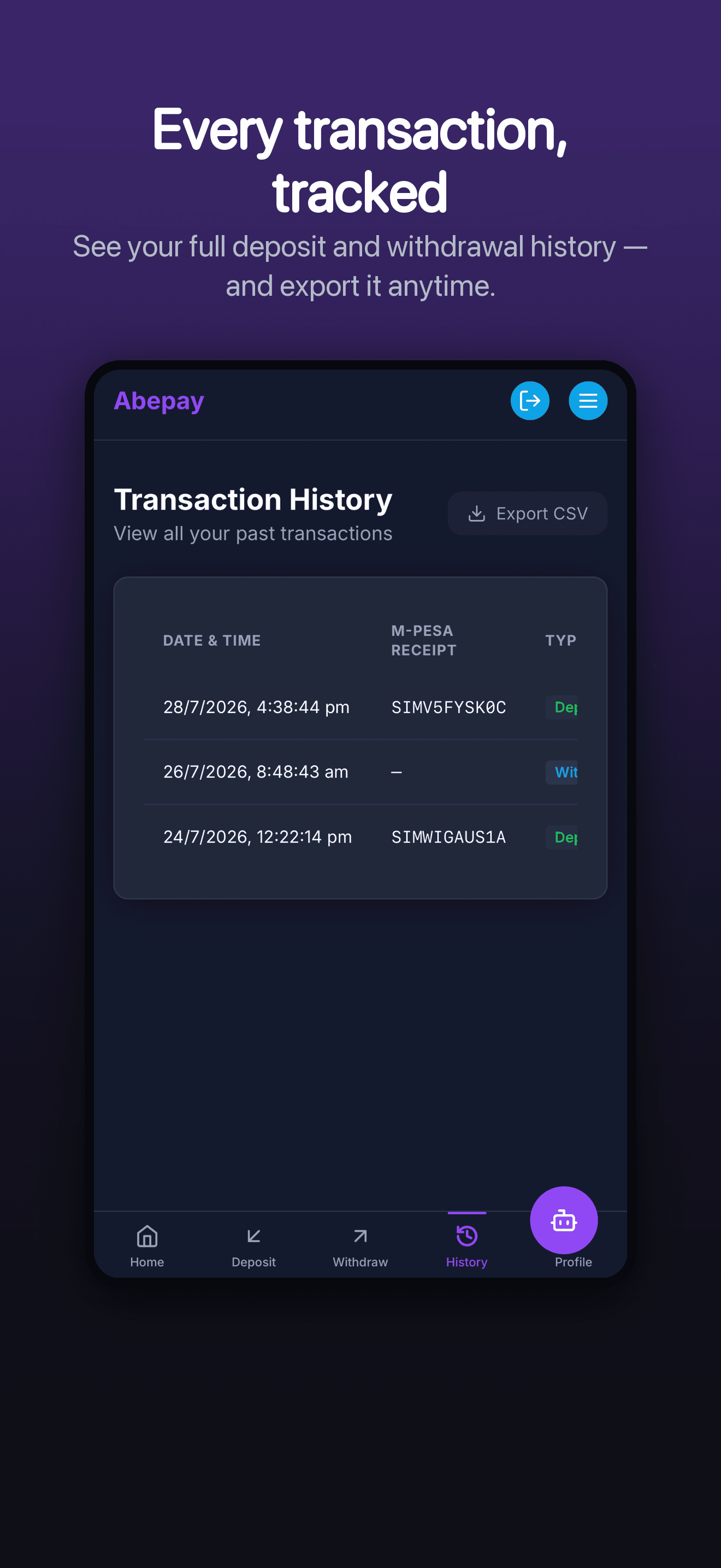 AbePay transaction history screen