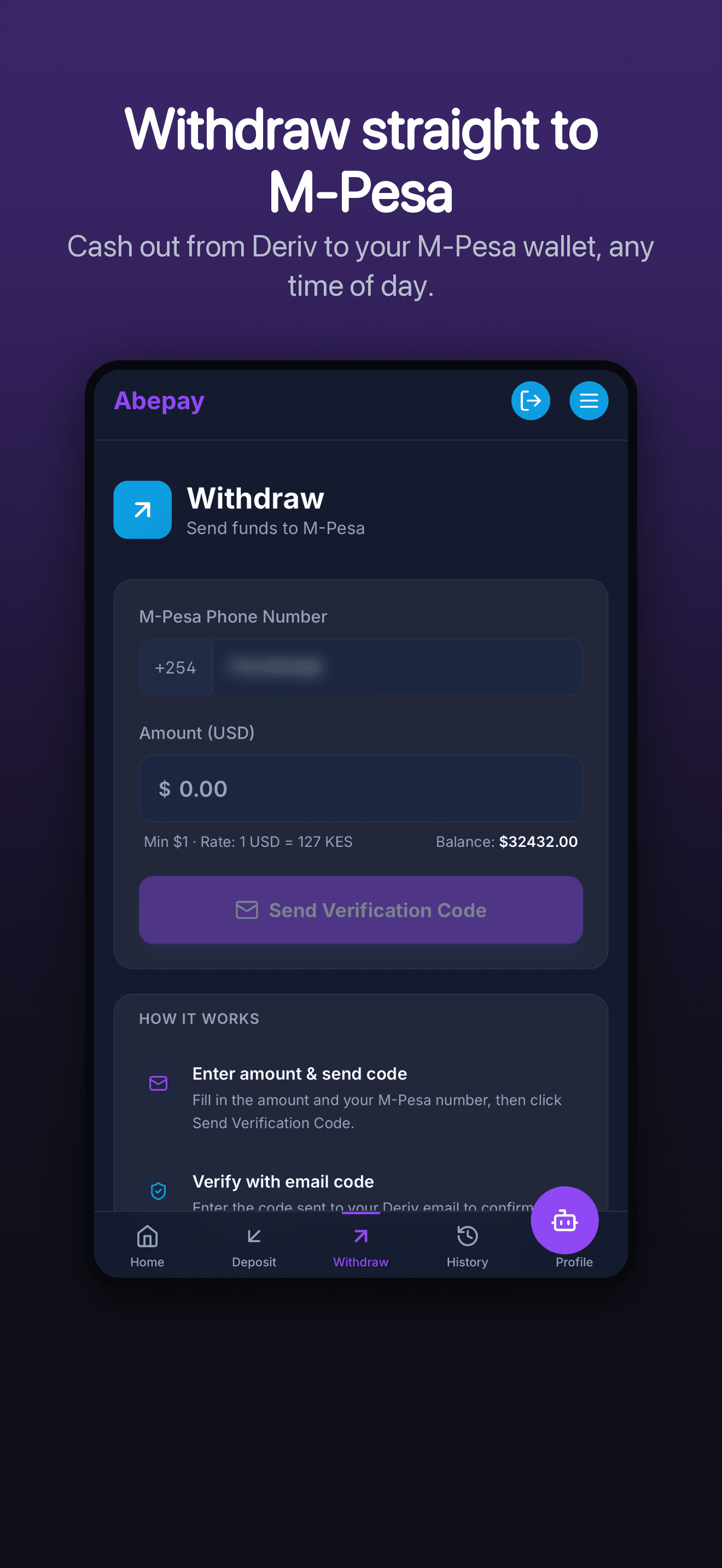 AbePay withdraw to M-Pesa screen